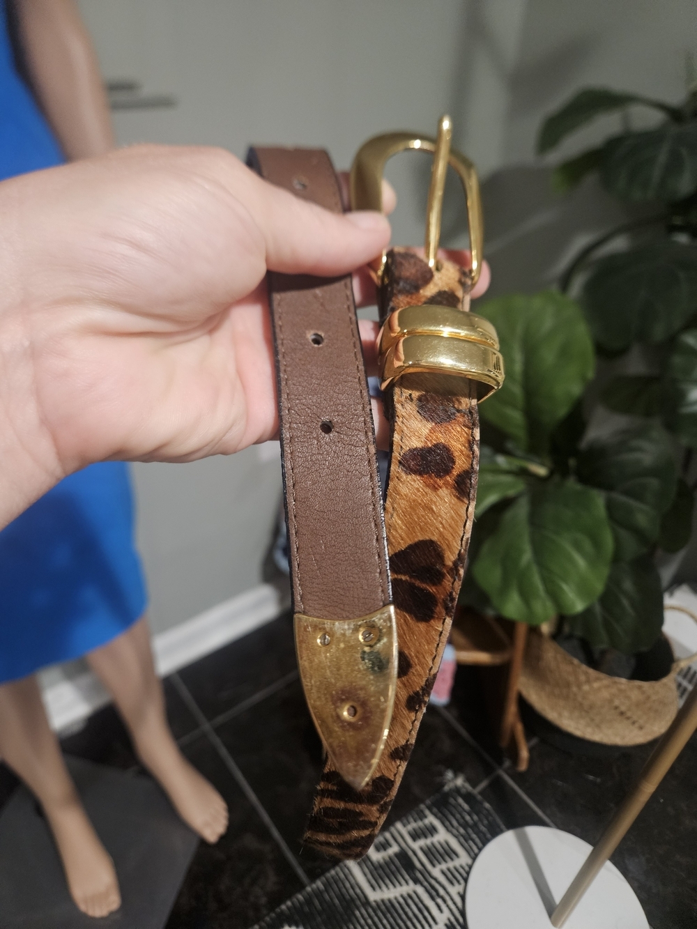 Vintage Leopard Print Calf Hair Leather Belt Gold Hardware. Size Medium - Picture 11 of 16